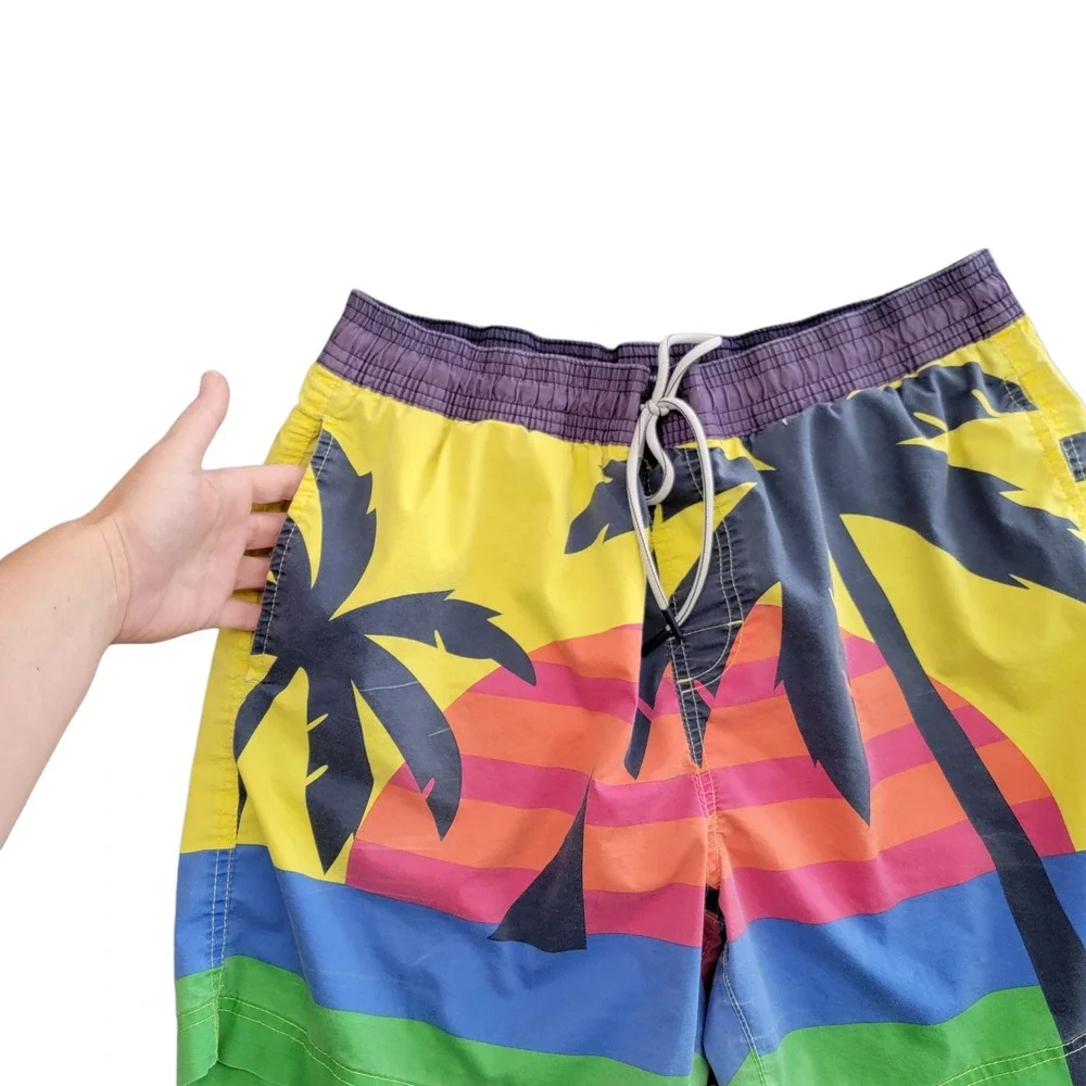 Tommy Hilfiger Swim Trunks Mens Large Multi Color Tropical Sunset Palm Tree